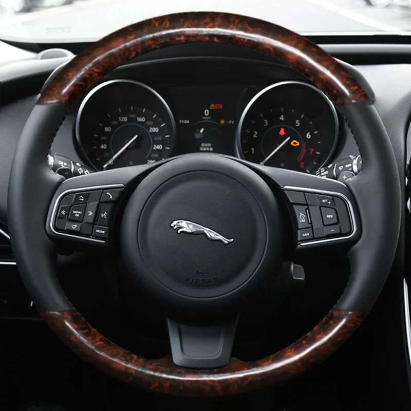 

100% Fit For Jaguar F-PACE F-TYPE XEL XF XFL E-PACE XJ Hand-stitched Peach wood grain Genuine Leather car steering wheel cover