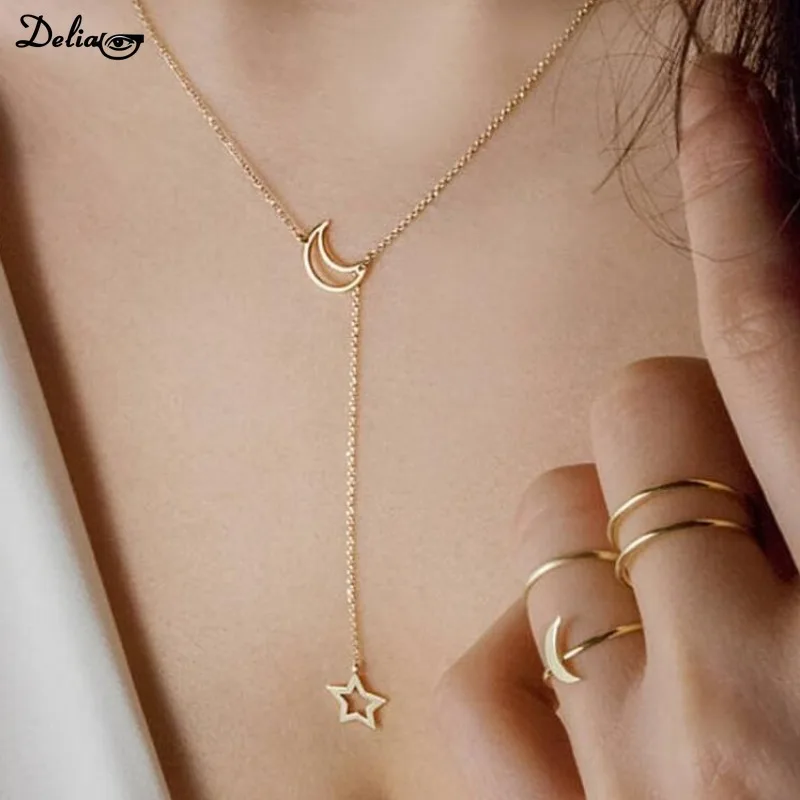 New Fashion Jewelry Star Moon Choker Necklace Gift for Women Girl Gold Color Chain Hollow Star Pendant Necklace Drop Shipping