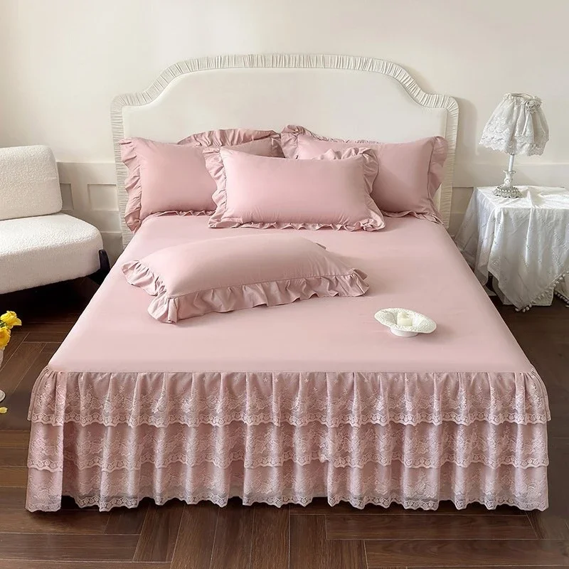 Skin Friendly Brushed Fabric Bed Skirts Multi-layer Stacked Design Lace Bed Cover Hem Height of 43cm Mattress Protective Covers