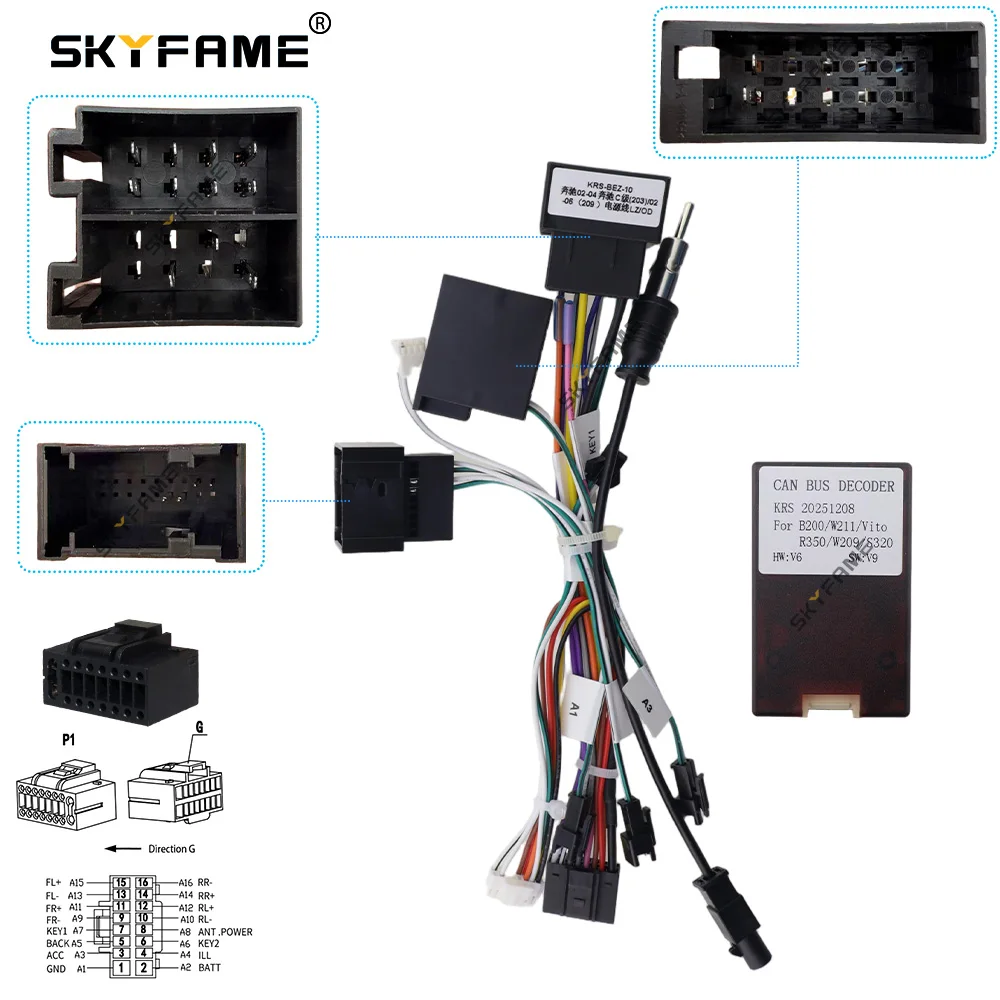 SKYFAME 16Pin Car Wire Harness Adapter Canbus Box Decoder Android Radio Power Cable For Benz CLK Class W209 W203
