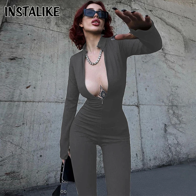 

InsLike-Zip Bodycon Pencil Pants for Women, Club Outfits, Autumn Sexy Fashion Trend, Women's Fitness Long-Sleeve Casual Jumpsuit