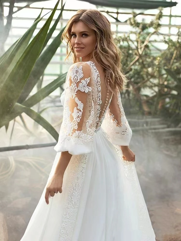 Bohemia Vintage Wedding Dresses V-Neck A-Line Bridal Gowns 2024 Lace Appliques Satin Robes Long Puff Sleeves Vestidos De Novia