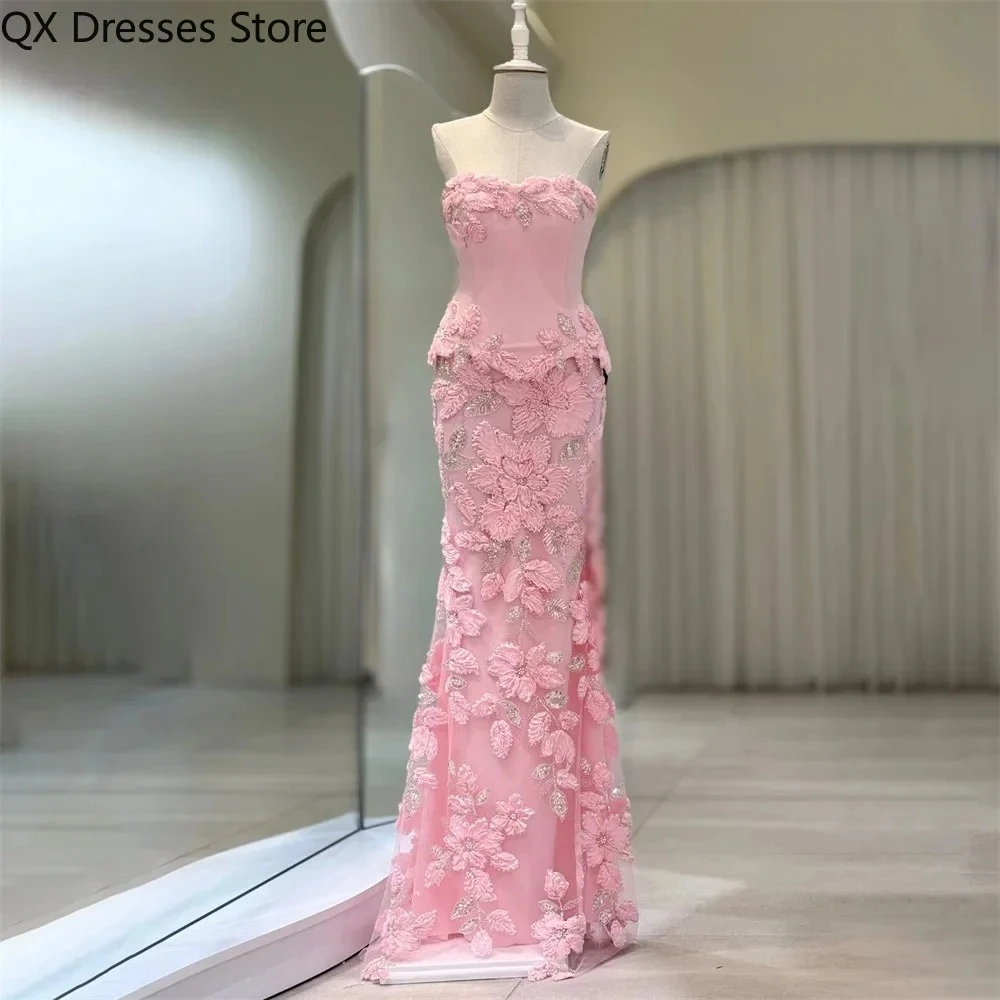 Women's Pink Evening Dress Strapless Sleeveless Formal Gown Beading on Chest Night Dresses Trumpet Prom Dresses Customized