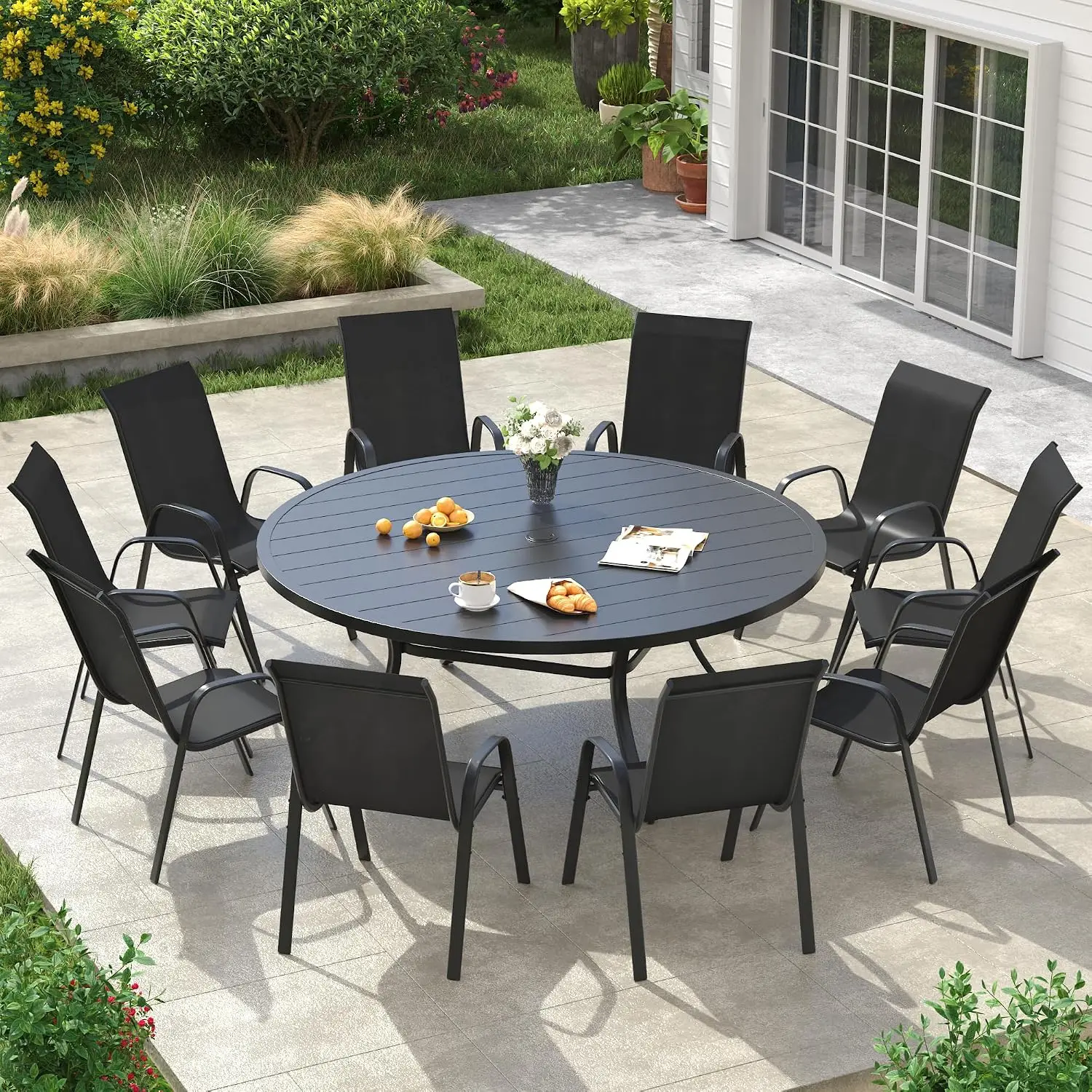 Round Metal Patio Dining Set for 10, Slatted Table with Umbrella Hole & Stackable Chairs for Outdoor, Black, Customized