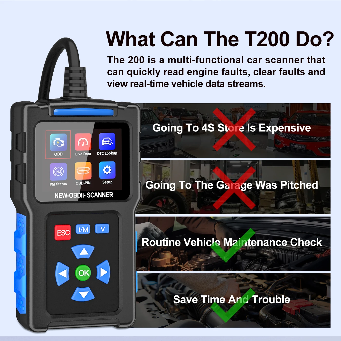 Topdiag T200 Vehicle OBD2 Scanner Battery Voltage Detection Code Reader Instrument Engine Diagnostic Tool Auto OBDII Scan Tool