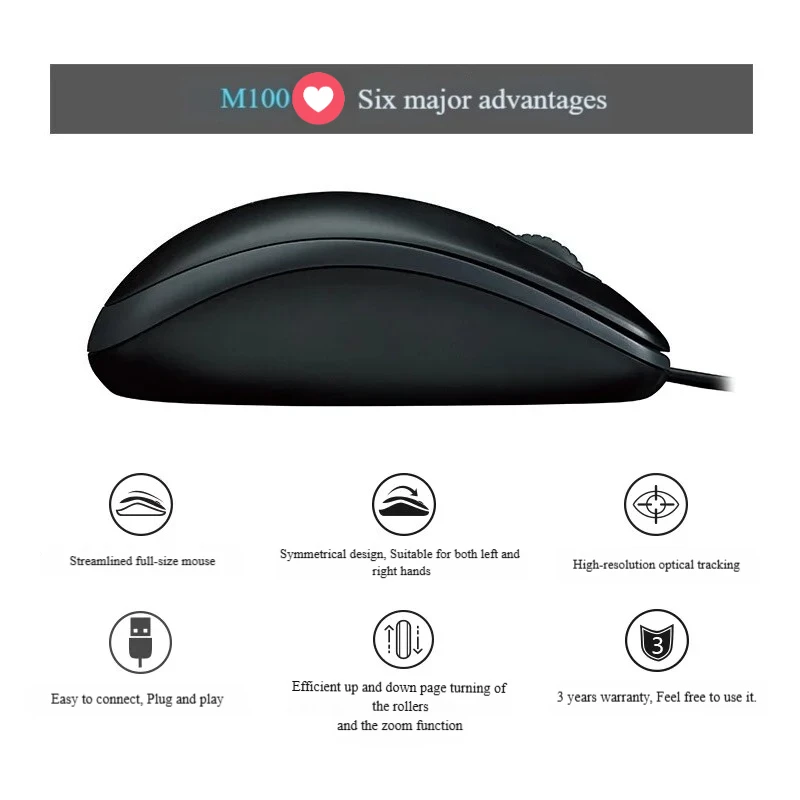 ماوس كمبيوتر سلكي USB أصلي من Logitech M100، 3 أزرار، تتبع بصري، للكمبيوتر المكتبي والكمبيوتر المحمول، أسود