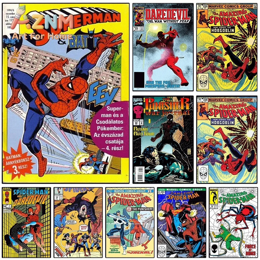 Marvel Spider Man Superman Batman Vintage Comic Cover Canvas Wall Art Unframed Canvas Poster Print for Boys Bedroom Game Room