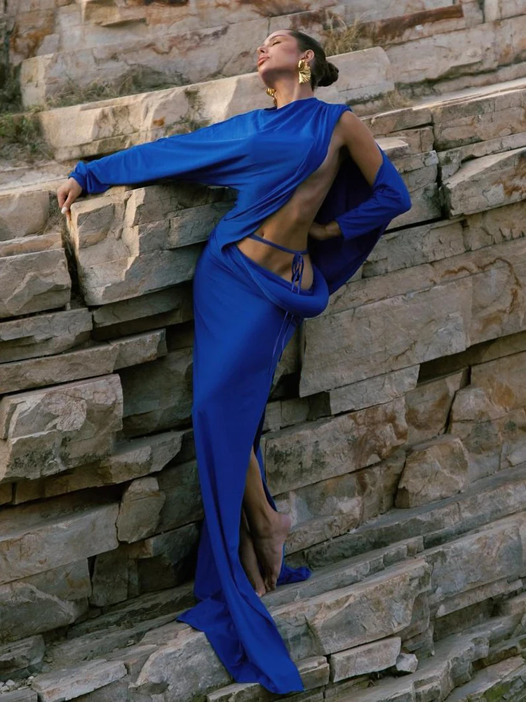 فساتين طويلة من Sisterlinda للسيدات بتصميم مجوف غير منتظم على طراز الخريف ورقبة دائرية وأكمام طويلة للإجازات فساتين أنيقة #3