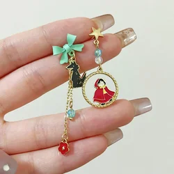 S925 Needle Asymmetric Girl Wolf Long Tassels Drop Earrings for Women Girls Gifts Fable Cute The Little Red Riding Hood Earrings