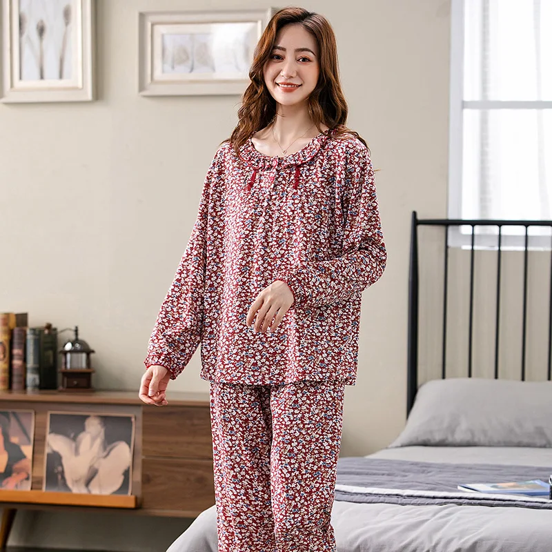 Autumn Knit Cotton Long Sleeve Pajamas For Middle Aged Lady Round Neck Sleepwear Small Flower Female Lounge Pajama Sets