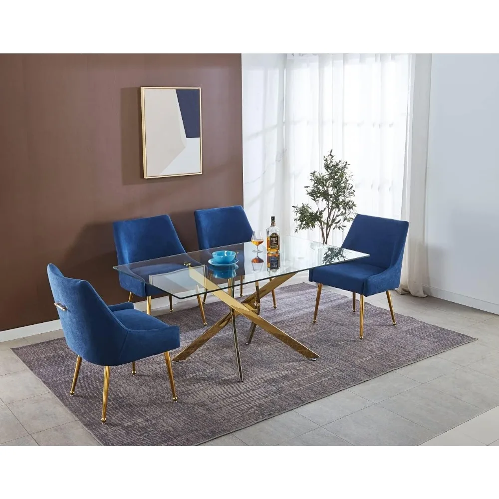 

51'' Glass Dining Table for 4 People, Rectangle Kitchen Table w/Gold Stainless Steel Legs, Dining Room Table Modern Dintte
