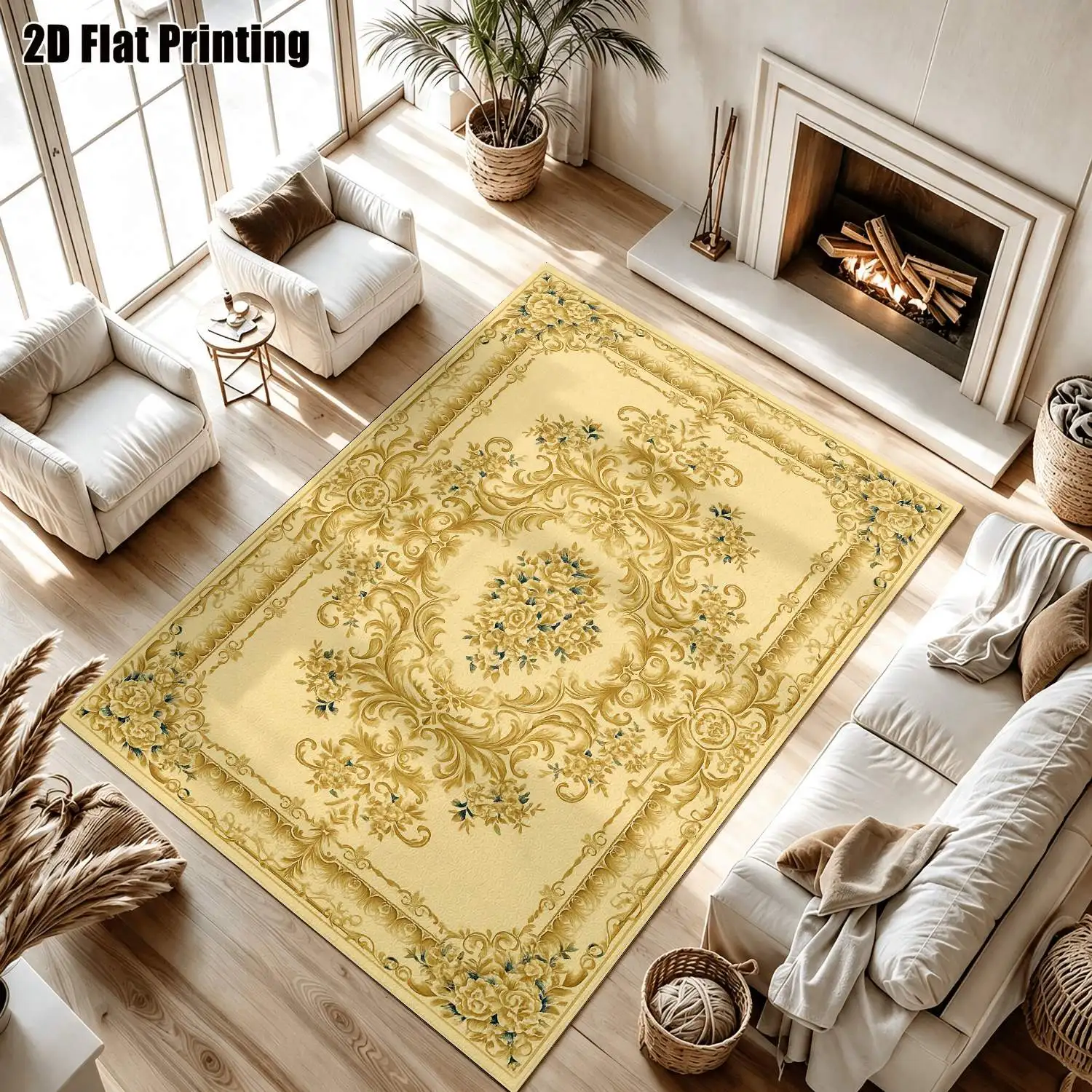 1Pc 2D Printed Beige Retro Floral Carpet European-Style Retro Rug for Living Room, Bedroom, Dining Room, Entrance, Study. Home Decor, Multi-Size, Machine Washable.
