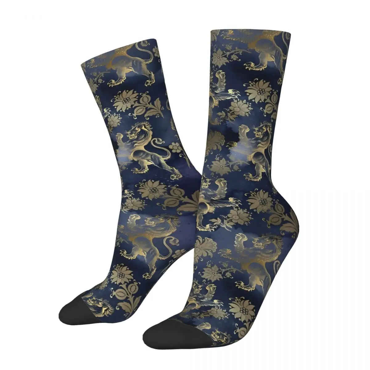 Funny Happy Sock for Men Blue Background Harajuku Golden Lion And Damask Breathable Pattern Printed Crew Sock Novelty Gift