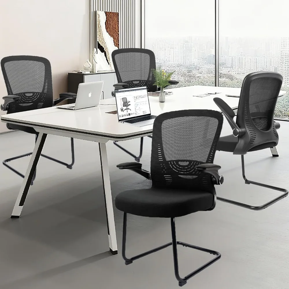 كرسي مكتب شبكي متوسط الظهر مع دعم قطني ومساند للذراعين قابلة للطي وقاعدة زلاجات لمنطقة الاستقبال