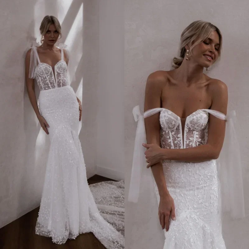 

Lakshmigown Luxury Beading Lace Mermaid Wedding Dress 2024 Sexy Deep V Bow Shoulder Strap Illusion Bridal Gowns