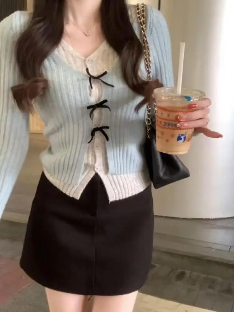 

Autumn Winter Vintage Patchwork V Neck Slim Versatile Cardigan Sweater Women's Long Sleeved Single Breasted Bow Tops Trendy Chic