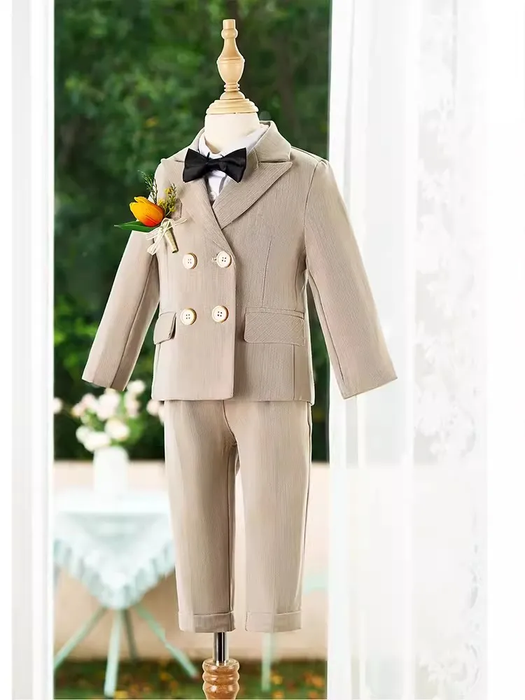 Children Beige Stripe Jacket Vest Pants Bowtie Flower Photography Suit Kid Ceremony Costume Boys Wedding Stage Performance Dress