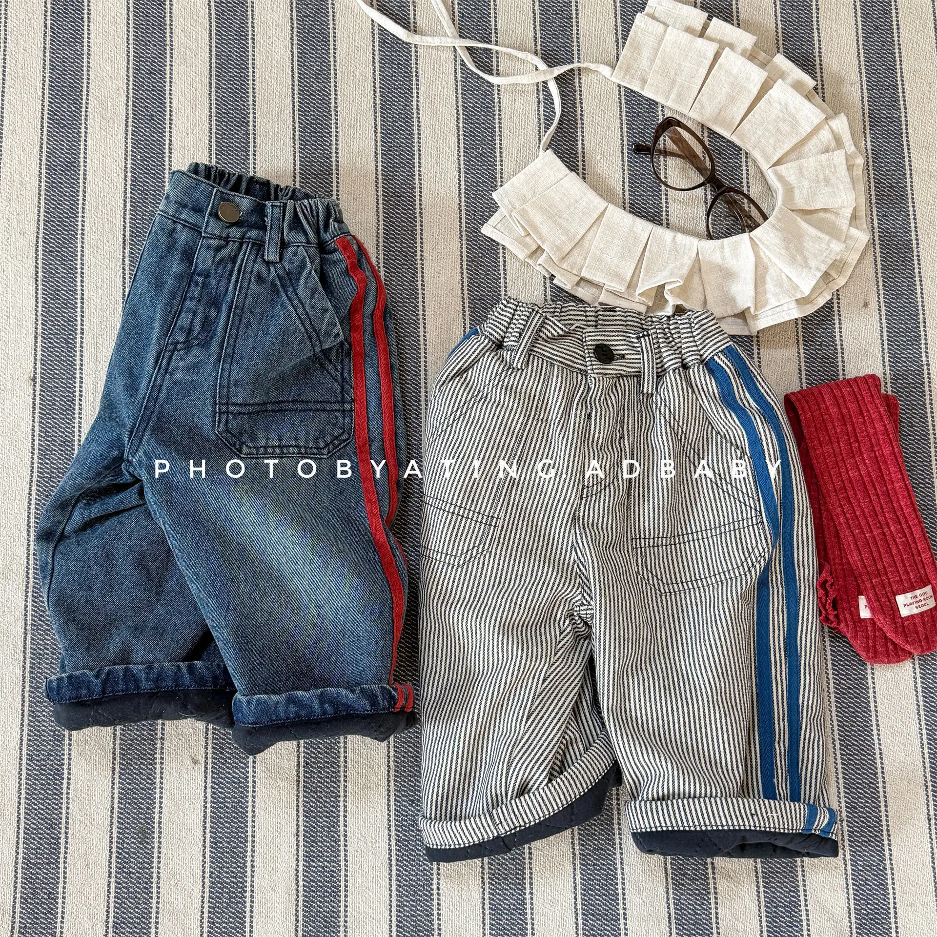 

2025 Winter New Children Striped Casual Pants Boys Girls Plus Velvet Thick Jacket Baby Fleece Trousers Kids Warm Clothes