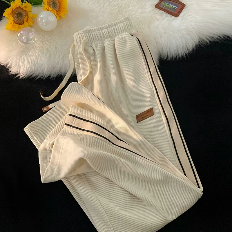 Fleece Lined Sports Pants Women's Autumn Winter Loose Straight Leg High Waist Elastic Waist Student Retro Casual Trousers