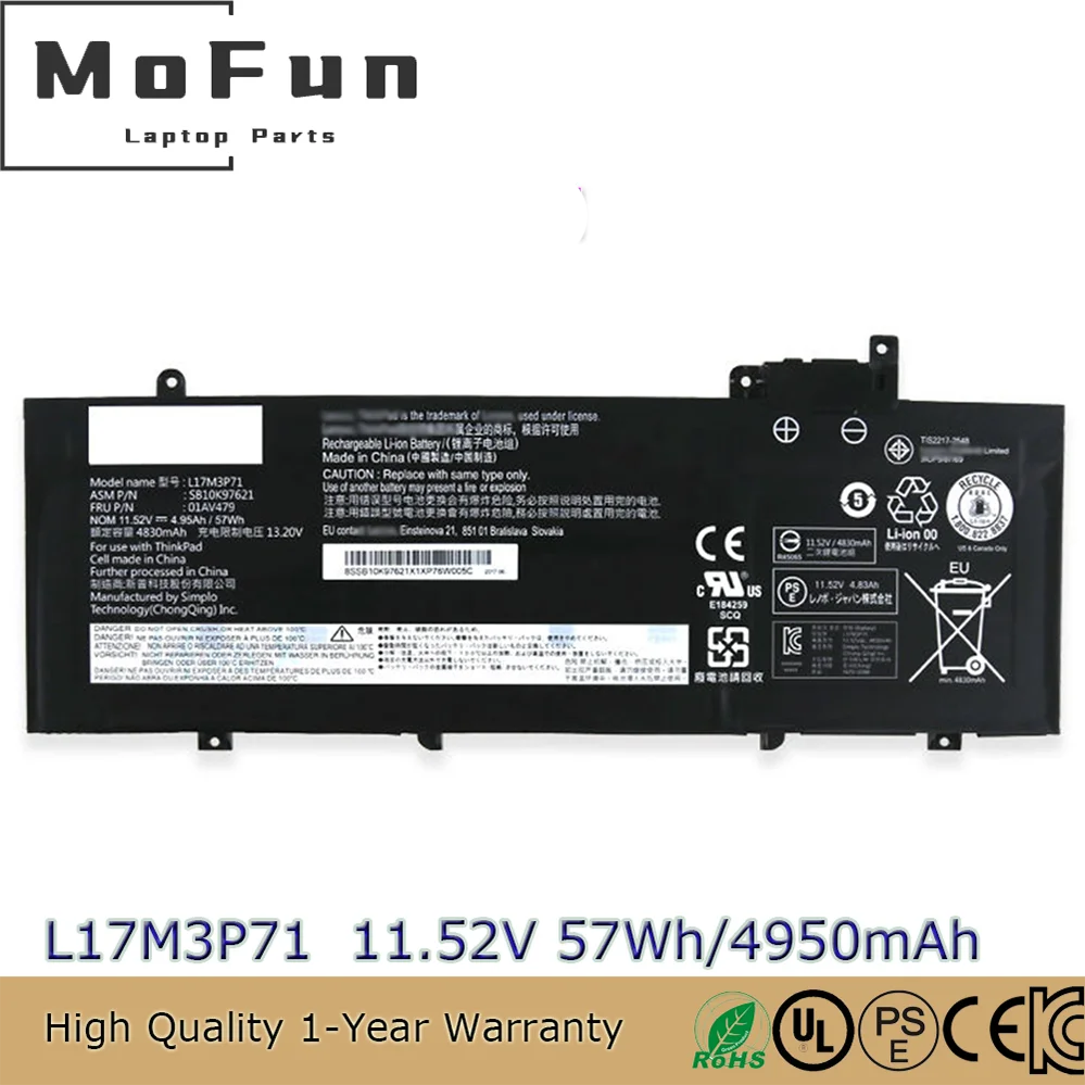 New Genuine 11.52V 57WH 01AV478 01AV480 L17L3P71 L17M3P71 Battery for Lenovo ThinkPad T480s