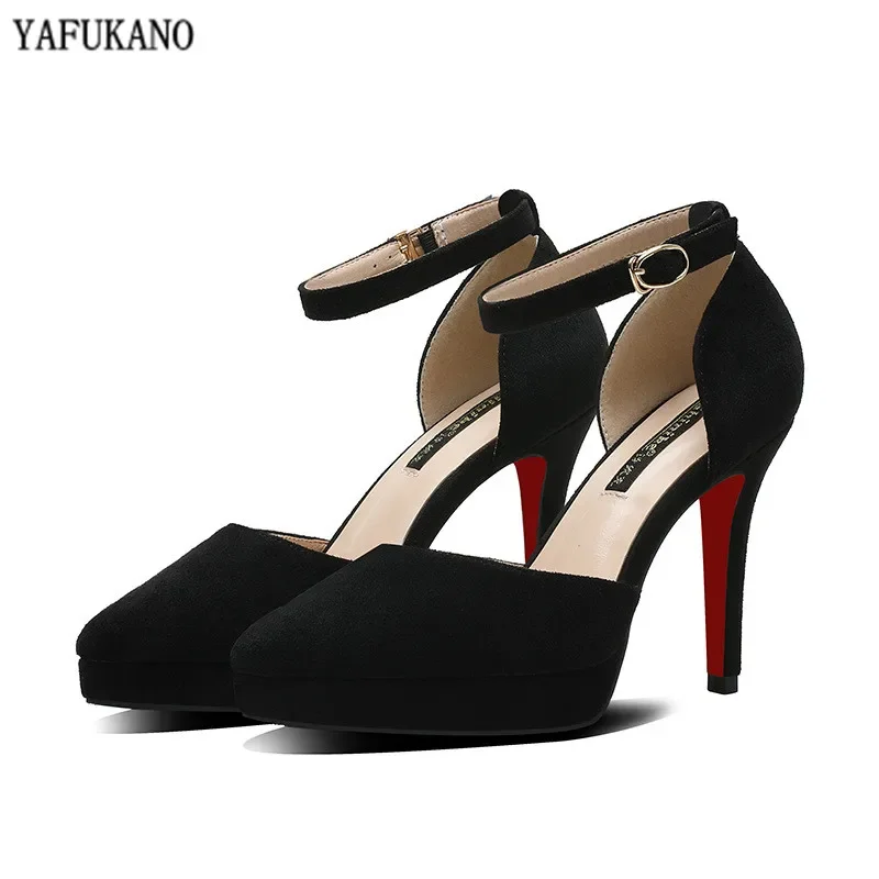 Sexy Platform High Heels Thin Heels Pointed Toe Women Single Shoes Word Buckle Pumps Mid Hollow Solid Flock Work Shoe Size 32 33