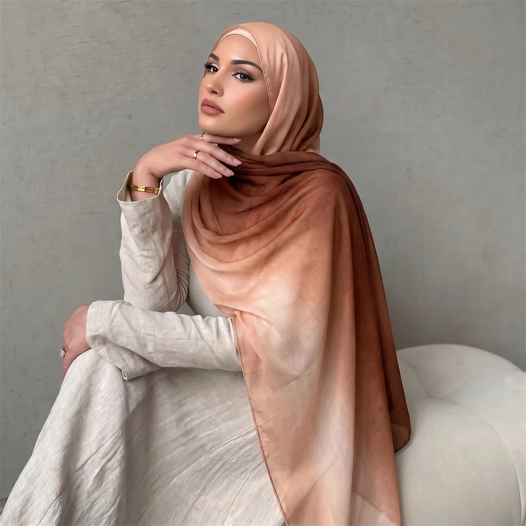 Women Gradient Ombre Pleated Hijab Soft Rayon Cotton Scarf Wrinkle Resistant Large Wrap for Muslim Daily Wear Eid Ramadan Gift