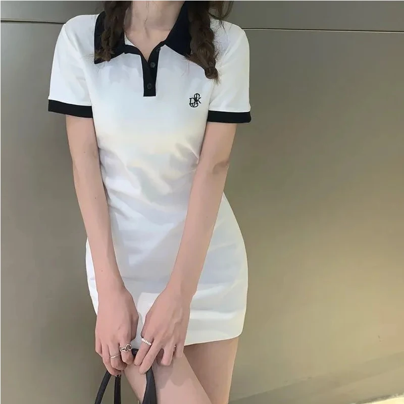 Polo de manga corta para mujer, Y2K minifalda ajustada de una pieza, vestido de estudiante coreano, camisa con cuello, 2023