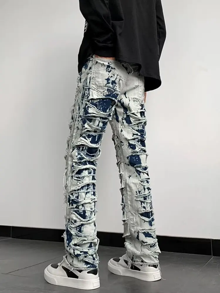 2026 Cyber Y2K Streetwear Vintage Blue Slim Ripped Stacked New Jeans Pants For Men Clothing Punk Denim Trousers Pantalon Hombre