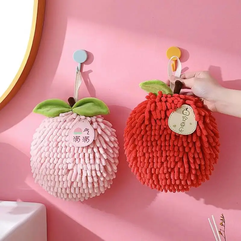 Cute Chenille Hand Towel Kitchen Bathroom Red Hand Ball with Hanging Loop Quick Drying Soft Absorbent Towel Home Tool