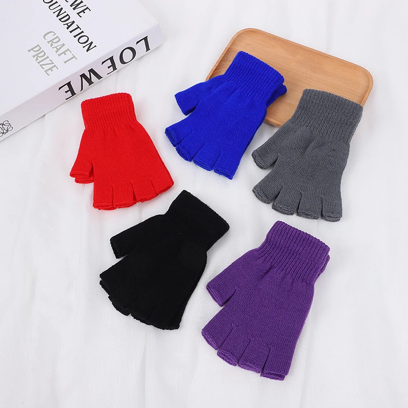 1 Pair Colorful Knitted Short Half Finger Gloves Autumn Winter Knitted Elastic Warm Wrist Glove Solid Color Cycling Accessories