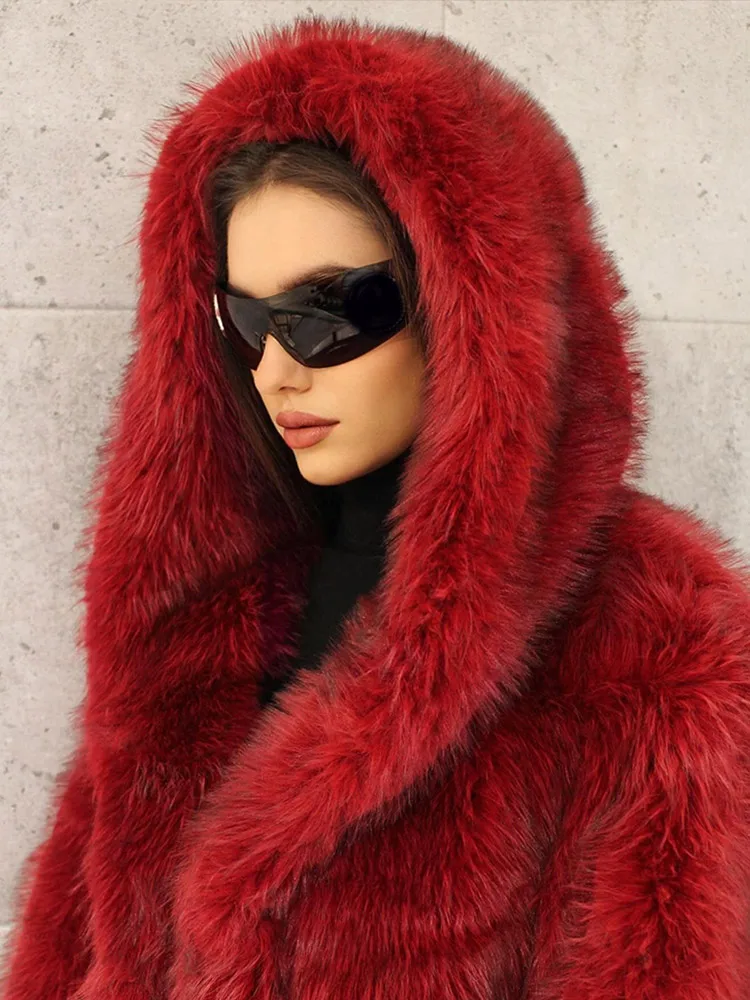 Red Smooth Hooded Fluffy Faux Fur Women Fasion Turn-down Collar Jacket Coat Winter Warm  Casual Commute High Street Outerwear