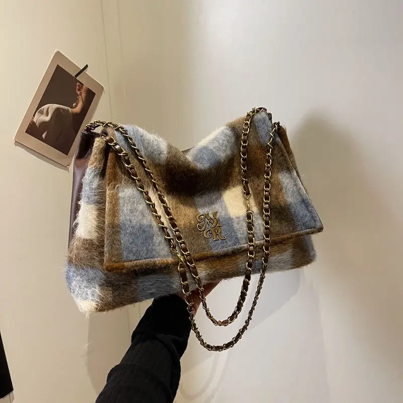 Fashion Woolen Plaid Large Capacity Chain Tote Bag Korean Vintage Y2k Trendy Women Shoulder Bag Designer Bag