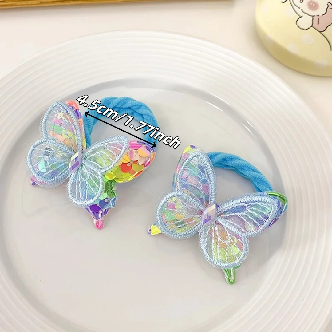 2PCS New Sequin Butterfly Girls Tie Up A Ponytail Kids Elastic Hair Bands Hair Accessories Cute Children Hair Ties Baby Headwear