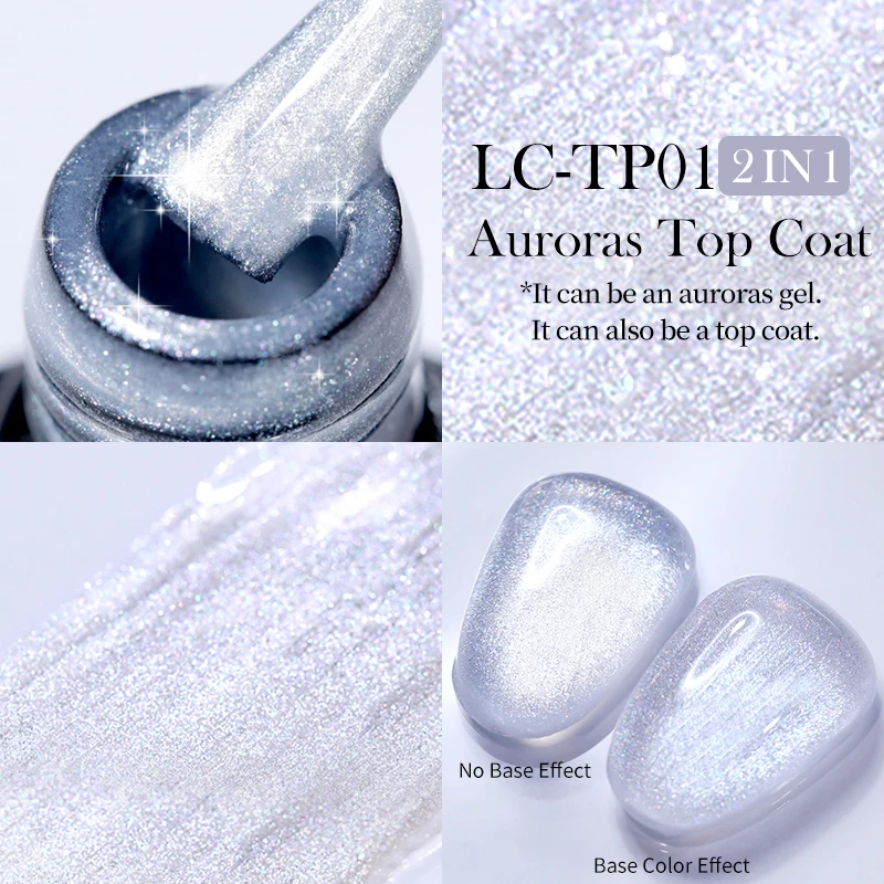 LILYCUTE 6 botellas/juego Aurora Glitter Top Coat Gel Esmalte de uñas 2 en 1 brillante efecto precioso para diseño de manicura