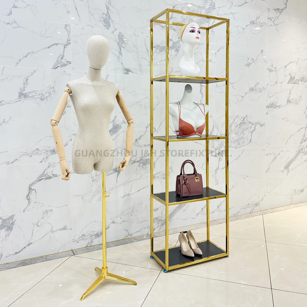 Personalizzato. Espositore per negozio di parrucche in acciaio inossidabile oro lucido Parrucca per manichino 4 strati Scaffali espositivi Scaffali per negozi di borse