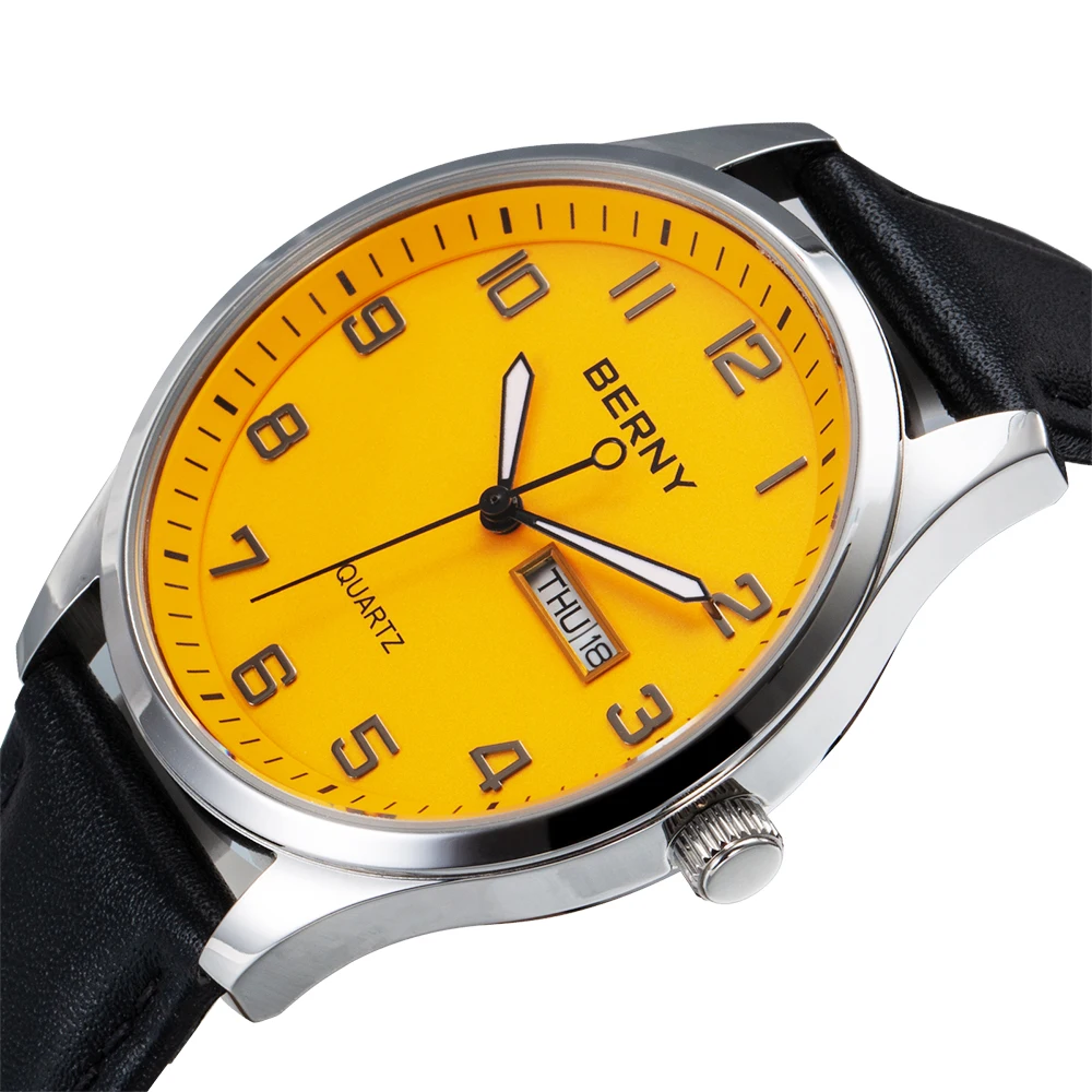 BERNY Classic Quartz Watch for Men MIYOTA 2105 Business Fashion Male Wristwatch Date Genuine Leather Men Watches Waterproof
