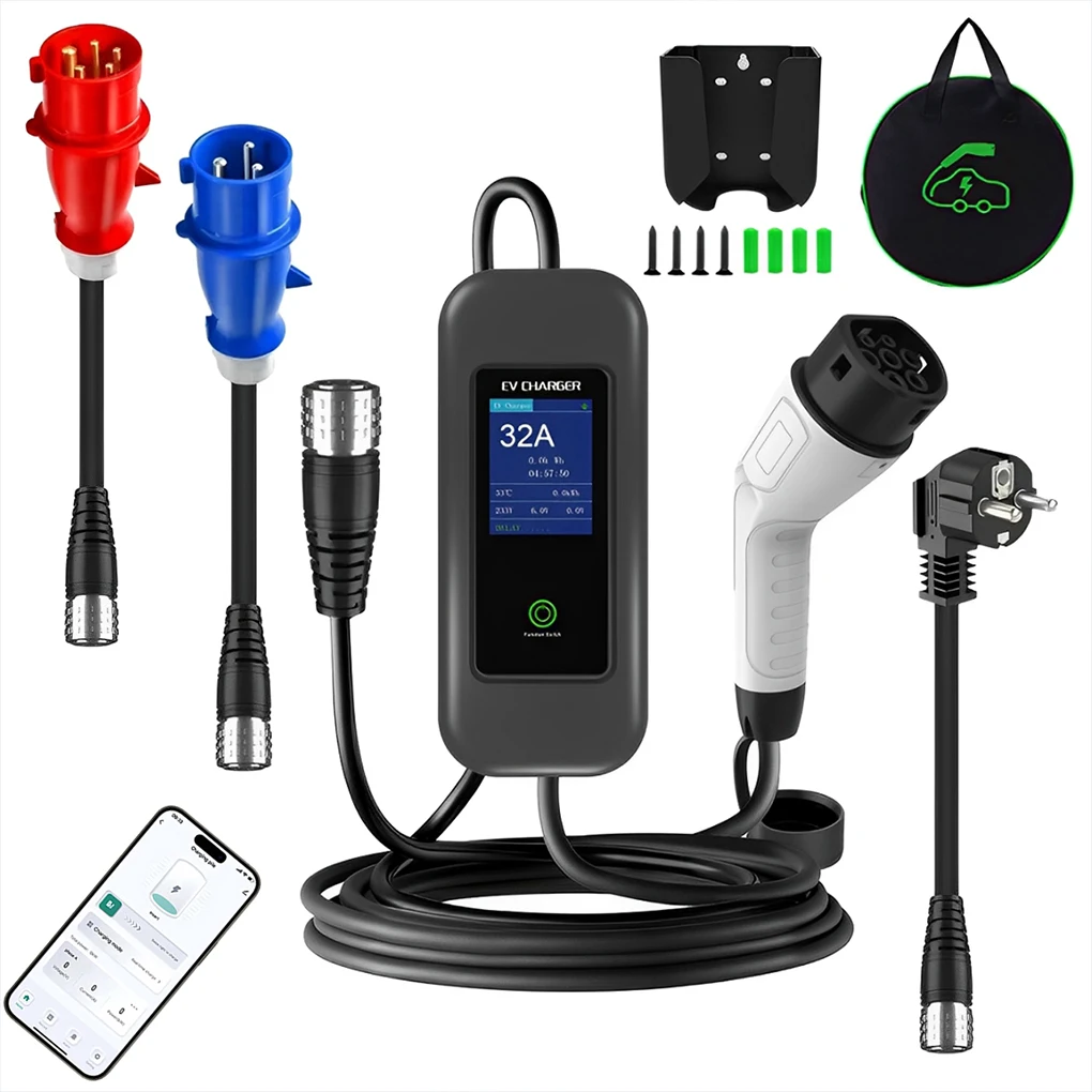 

Portable Type 2 22KW 32A EV Charger 1Phase 3Phase CEE Plug IEC 62196-2 Electric Vehicle Charging with stand Storage bag