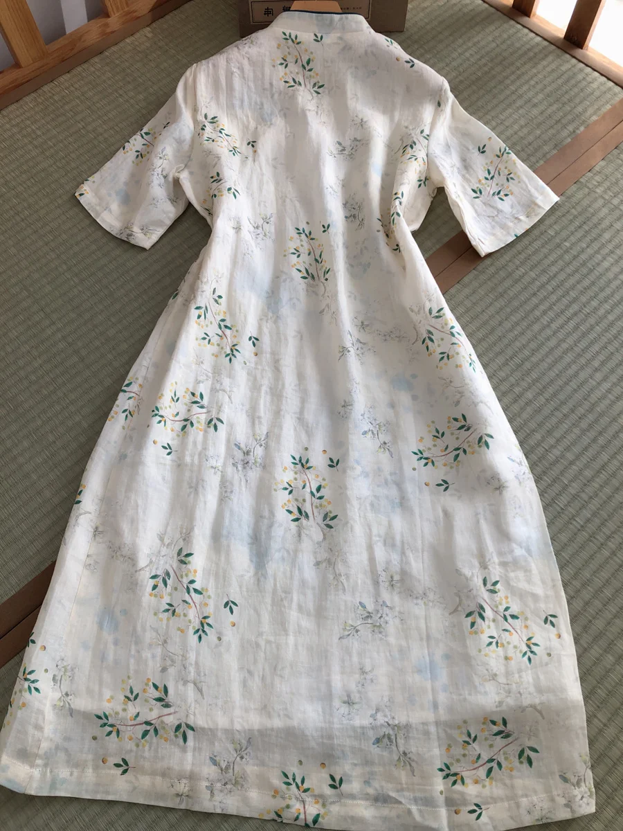 Katoen Linnen Qipao Dr Vrouwen Zomer Leeftijd Verlagen Bloemenprint A-lijn Rok Sle Casual Faion Stand Kraag ort Sve