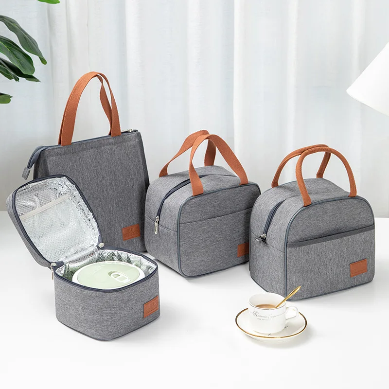 Fashion Portable Gray Tote Insulation Lunch Bag for Office Work School Korean Oxford Cloth Picnic Cooler Bags