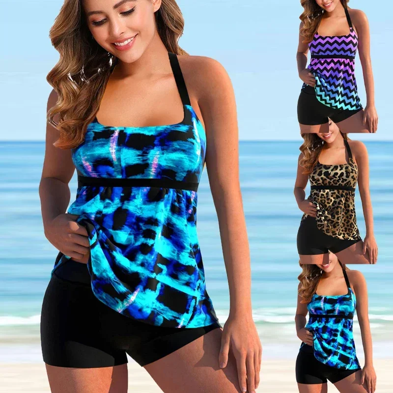

Women's Fashion Beachwear Blue Black Halo Printed Women's Tankini Swimsuit Two Piece Bikini Suit Beach Swimwear S-6XL