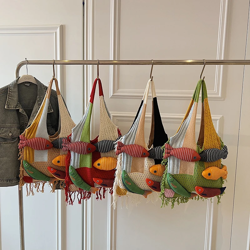 2025 SS Whimsical Fish Print Knit Tote, Multi-Way Convertible Shoulder Breathable Commuter-Ready Day to Night Carryall