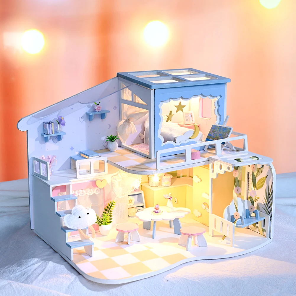 Diy casa de boneca de madeira kit miniatura com móveis led luz casa quarto modelo de brinquedos para adultos crianças presente de aniversário