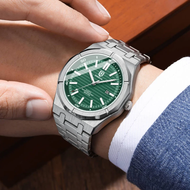 Luxury Brand Quartz Watch for Man Stainless Steel Waterproof Luminous Date Fashion Green Wristwatch Male Relogio Masculino