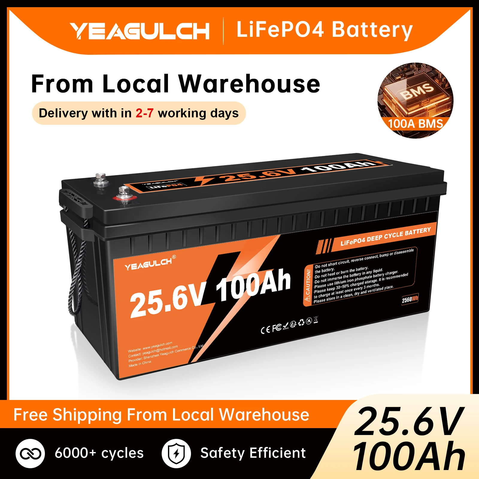 

Yeagulch 24V 100Ah LiFePO4 Lithium Battery with 100A BMS 2560Wh Power for Solar Off-grid Home Backup Energy Storage RV Fishing
