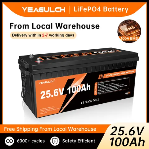 Yeagulch 24V 100Ah LiFePO4 Lithium Battery with 100A BMS 2560Wh Power for Solar Off-grid Home Backup Energy Storage RV Fishing