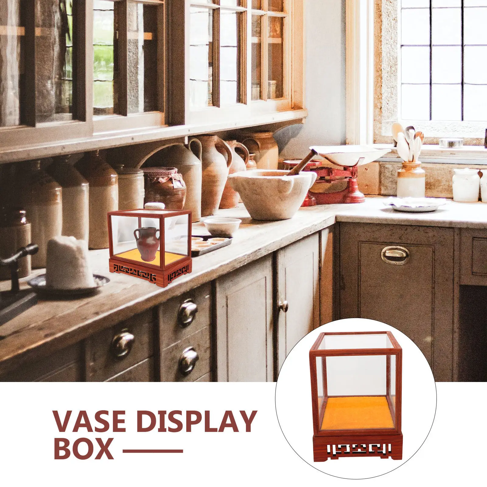 

Glass Display Case Dust-Proof Chinese Style Desktop Storage Box Protective Crystal Showcase for Buddha Collectibles