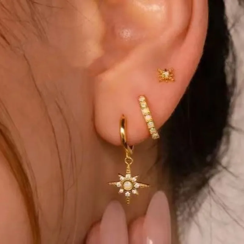 

Hot selling niche light luxury style zircon inlaid octagonal flower high-end copper earring set in Europe and America