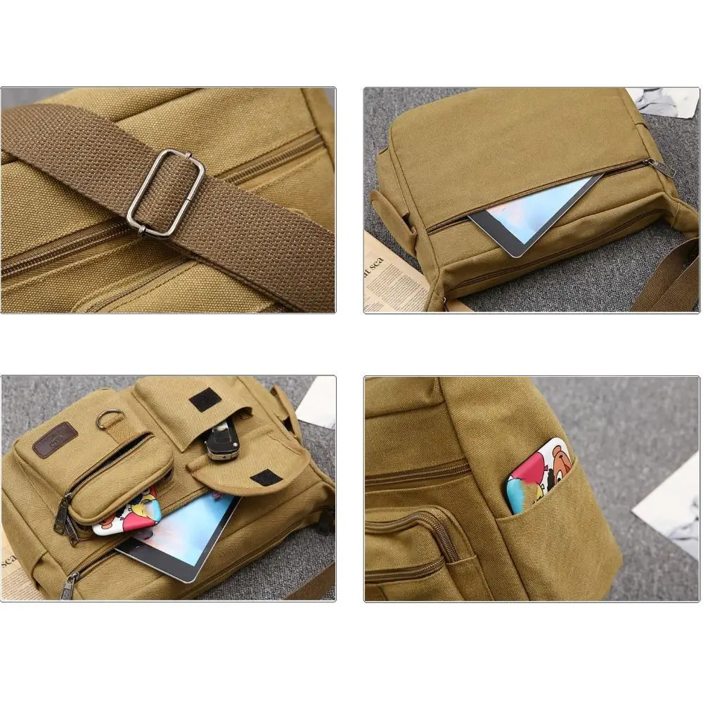 Korean Style Men Messenger Bags Large Capacity with Pocket Canvas Crossbody Bag Zipper Solid Color Travel Tool Bag Outdoor