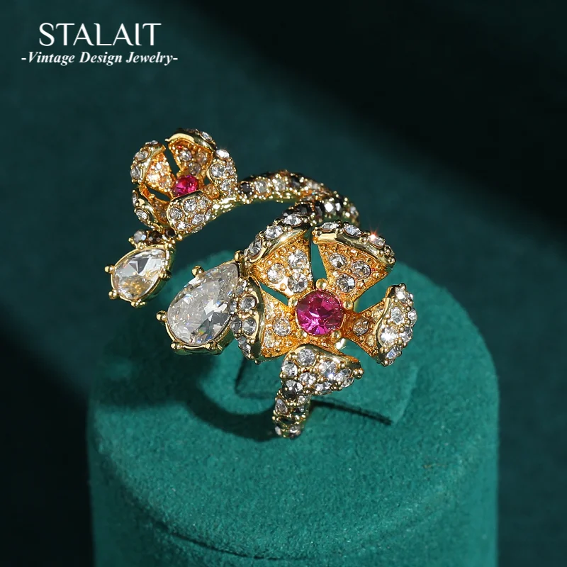 

Vintage Gold Color Flower Rings For Woman Rhinestone Cubic Zincon Retro 2025 Trend Jewelry Accessories Float Christmas Gift