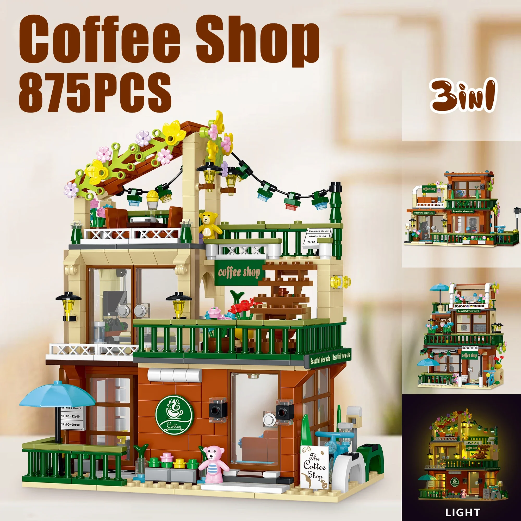 

3IN1 Coffee Shop Street View Bricks Toys With Light Assembly House Building Blocks Ornaments Girls Adult Holiday Gifts